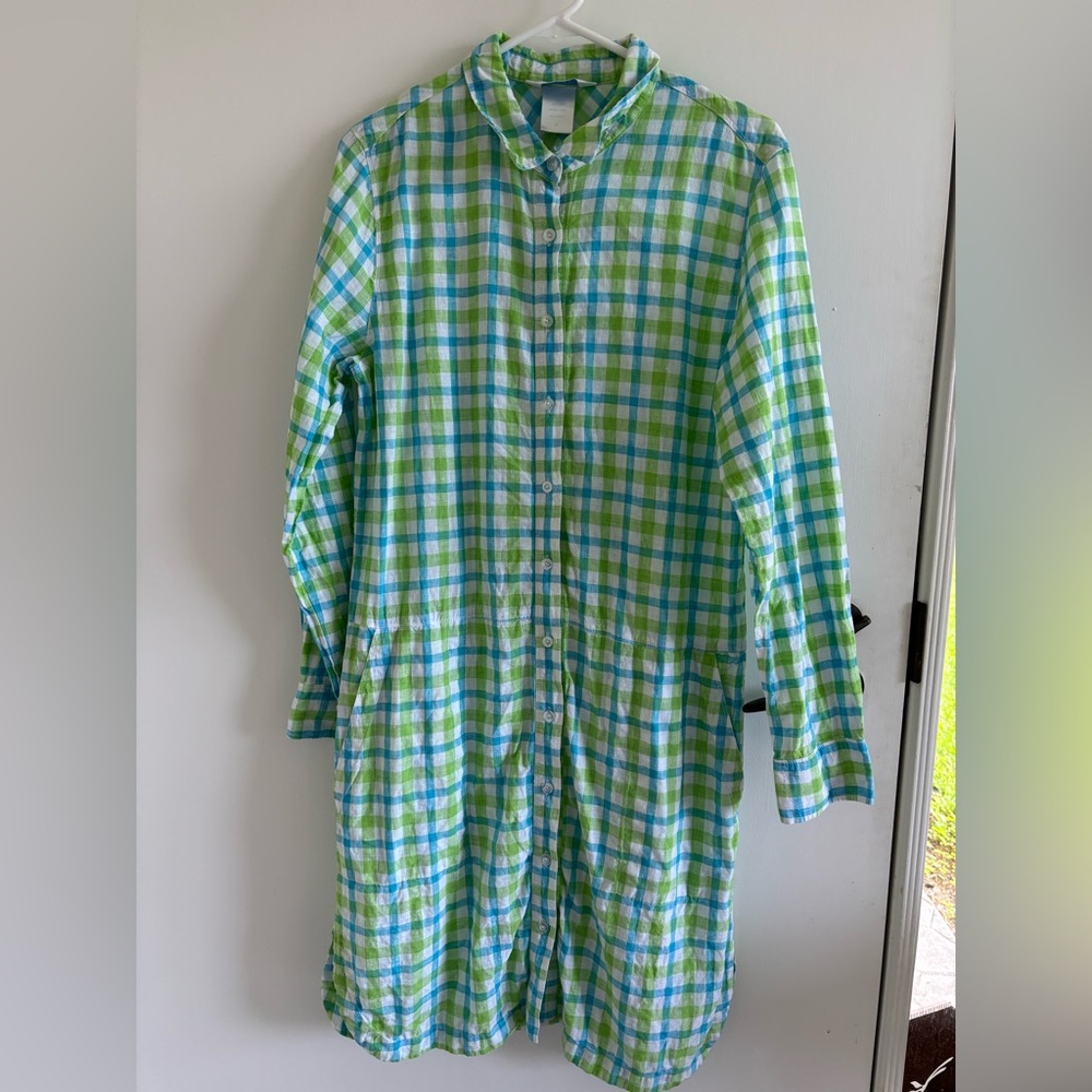 The company store 100% linen plaid shirt dress midi spring summer preppy